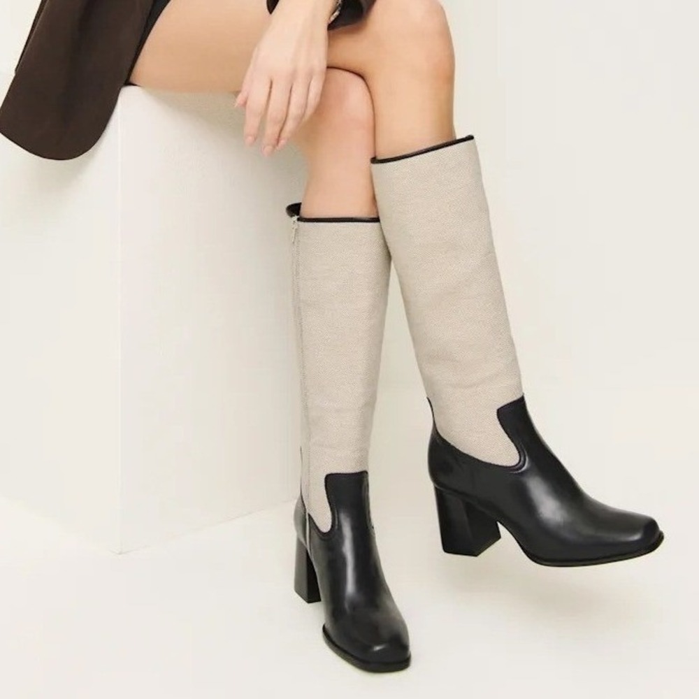 Reformation Frederique Knee High Boot Size 9.5 Black‎ Leather Canvas Square Toe